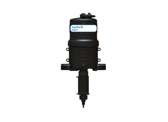 Hydro Systems SuperDos 30 water powered dosing pump with adjustable 0.4–5% flow rate, used for precise chemical dosing.