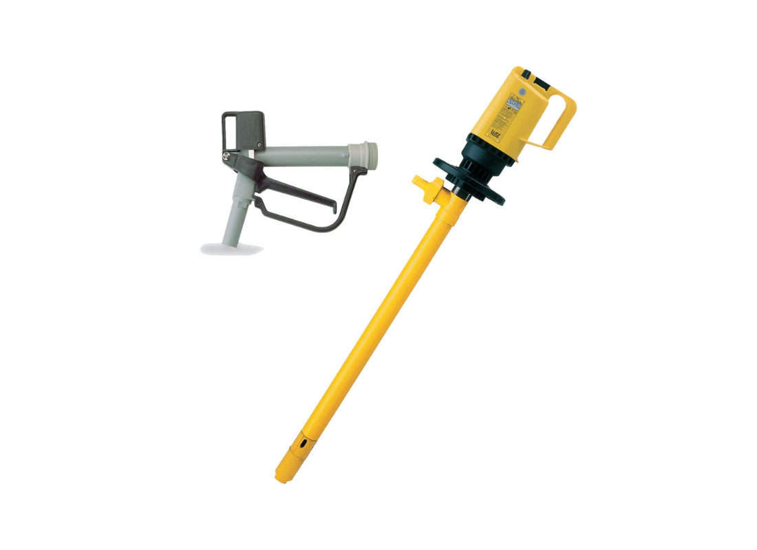 Lutz MI4-E PP IP24 chemical drum pump kit with 1200mm pump, 500W motor, and dispensing accessories for industrial liquids.