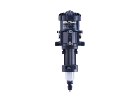 Mixtron MX075-VF water powered dosing pump with adjustable flow rate from 0.03% to 0.3% for precise chemical dosing.