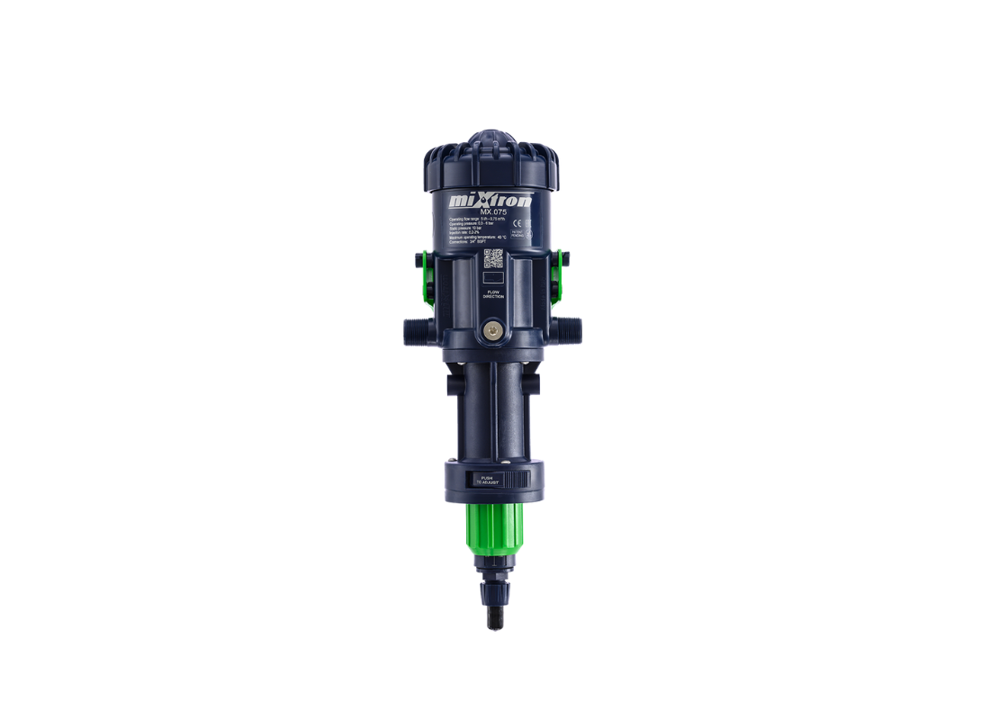 Mixtron MX075-VF water powered dosing pump with adjustable flow rate from 0.2% to 2% for precise liquid dosing.