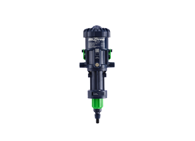 Mixtron MX075-VF water powered dosing pump with adjustable flow rate from 0.2% to 2% for precise liquid dosing.