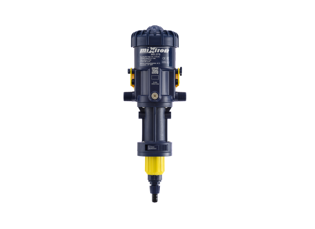 Mixtron MX075-VF water powered dosing pump showing compact design and control valve for precise liquid dosing.