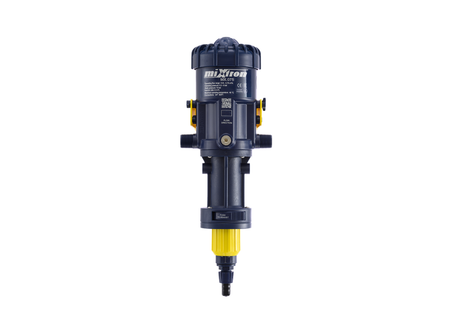 Mixtron MX075-VF water powered dosing pump showing compact design and control valve for precise liquid dosing.