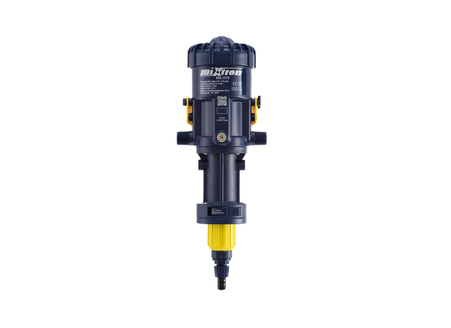 Mixtron MX075-VF water powered dosing pump showing compact design and control valve for precise liquid dosing.