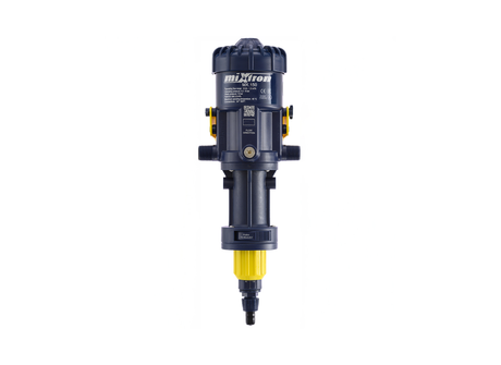 Mixtron MX150-VF water powered dosing pump with adjustable 0.5% to 4% flow, shown in a close-up view.
