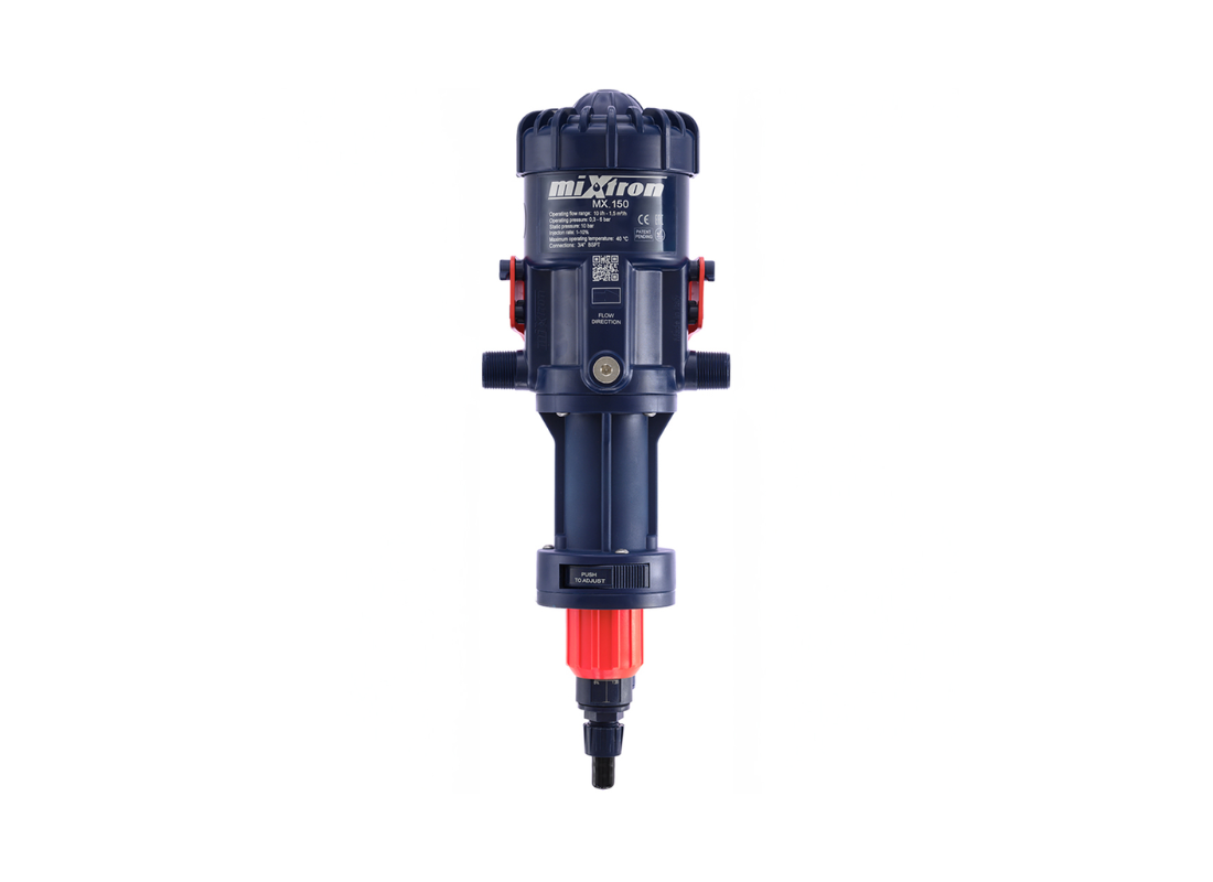 Mixtron MX150-VF water powered dosing pump showing its compact design and control valve for precise liquid dosing.