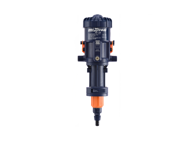 Mixtron MX150-VF water powered dosing pump showing a compact, durable design with control valves for precise fluid dosing.