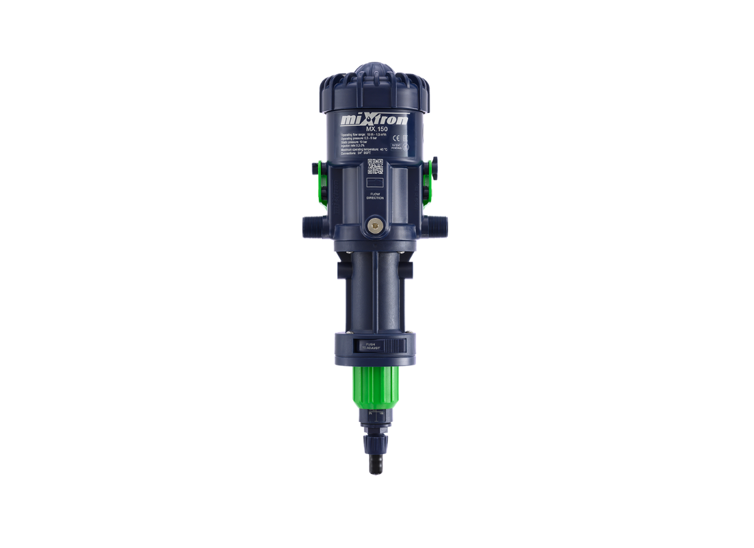 Mixtron MX150-VFX water powered dosing pump with adjustable flow rate from 0.2% to 2%, designed for precise liquid dosing.