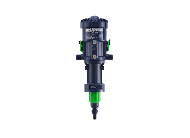 Mixtron MX150-VFX water powered dosing pump with adjustable flow rate from 0.2% to 2%, designed for precise liquid dosing.
