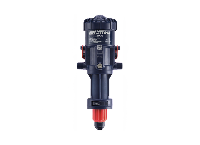 Mixtron MX250-VF water powered dosing pump with 1-10% dosing capacity, shown in a close-up view of the pump unit.