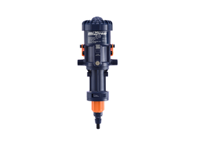 Mixtron MX250-VF water powered dosing pump showing the compact pump with control valves and inlet/outlet connections.