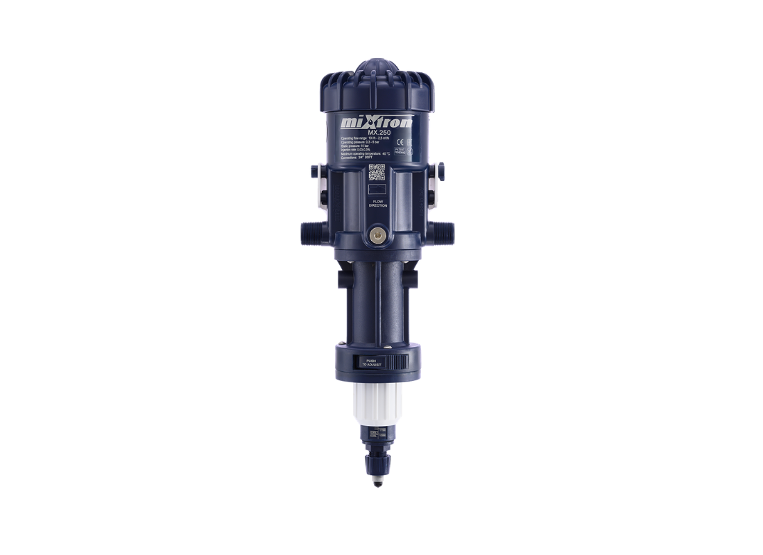 Mixtron MX250-VFX water powered dosing pump with adjustable flow rate from 0.03% to 0.3% for precise fluid control.