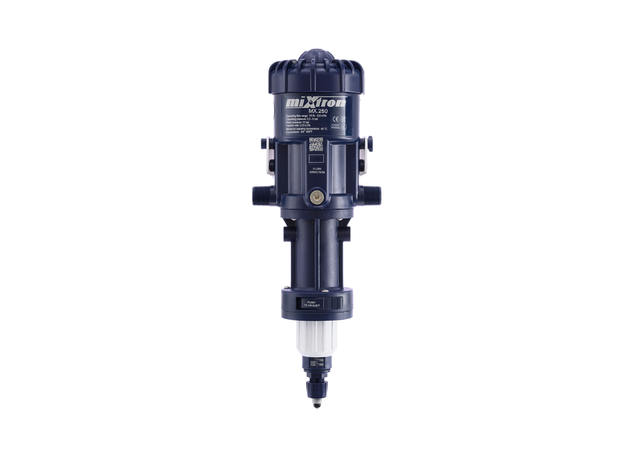 Mixtron MX250-VFX water powered dosing pump with adjustable flow rate from 0.03% to 0.3% for precise fluid control.
