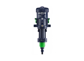 Mixtron MX300-VFX water powered dosing pump showing a compact, industrial-grade pump with control valves and digital display.