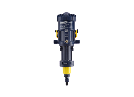 Mixtron MX300-VFX water powered dosing pump with adjustable 0.5% to 4% flow rate, compact industrial equipment with control panel.