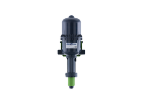 Mixtron MX500-VF water powered dosing pump with adjustable flow rate from 0.2% to 2%, shown in close-up view.