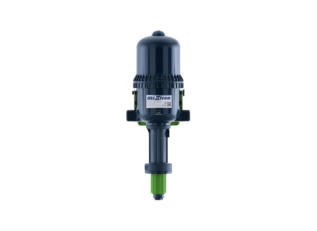 Mixtron MX900-VF water powered dosing pump with digital controls and plumbing connections, used for precise fluid dosing.