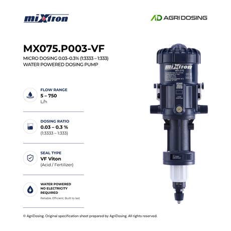 Mixtron MX075.P003-VF water powered dosing pump with detailed specifications, showcasing its compact design and control features.