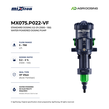 Detailed specifications of the Mixtron MX075.P022-VF water powered dosing pump, with a 0.2–2% dosing range and durable design.