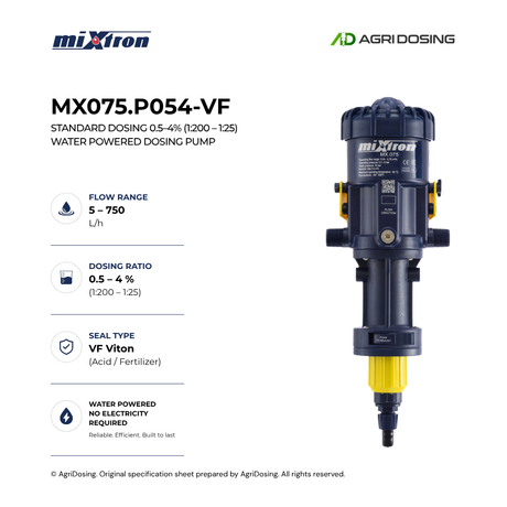 Close-up of Mixtron MX075.P054-VF water powered dosing pump with detailed specifications and components visible.