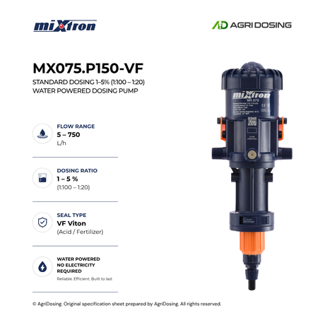 Mixtron MX075.P150-VF water-powered dosing pump with detailed specifications, showcasing its compact design and control features.