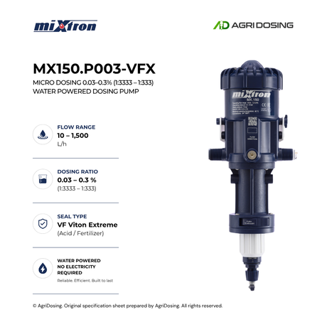 Mixtron MX150.P003-VFX water powered dosing pump with detailed specifications, showcasing its compact design and control panel.
