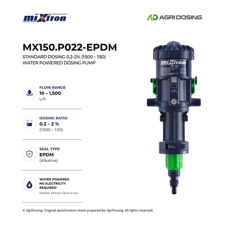 Mixtron MX150.P022-EPDM water powered dosing pump with detailed specifications, featuring durable EPDM components and precise flow control.