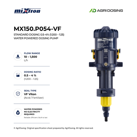 Close-up of Mixtron MX150.P054-VF water powered dosing pump with detailed specifications and components visible.