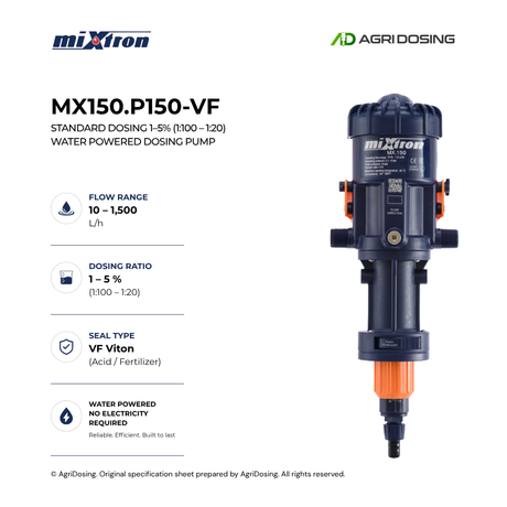 Close-up of Mixtron MX150.P150-VF water powered dosing pump with detailed specifications showing the pump's design and components.