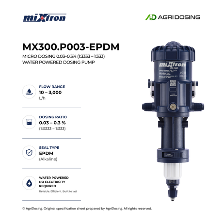 Mixtron MX300.P003-EPDM water powered dosing pump with detailed specifications, featuring durable EPDM components.