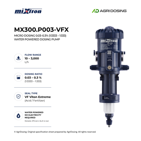 Mixtron MX300.P003-VFX water powered dosing pump with detailed specifications diagram displaying its components and features.