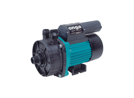 Onga 414 high flow corrosion-resistant centrifugal chemical transfer pump showing metal housing and inlet/outlet connections.