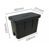 RMC large deep water meter box with black lid, measuring 492mm long, 271mm wide, and 316mm high for water meter installation.