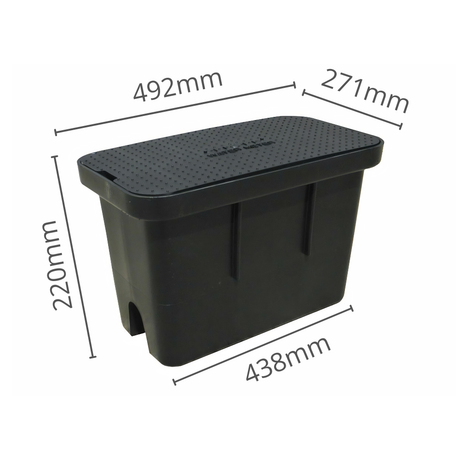 RMC large deep water meter box with black lid, measuring 492mm long, 271mm wide, and 316mm high for water meter installation.