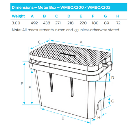 RMC large deep water meter box with black lid, measuring 492mm by 271mm by 316mm, designed for water meter installation.