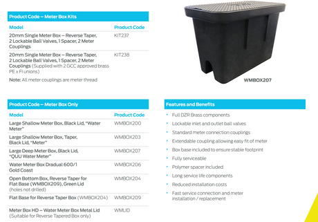 RMC large deep water meter box with black lid, measuring 492mm long, 271mm wide, and 316mm high for water meter installation.