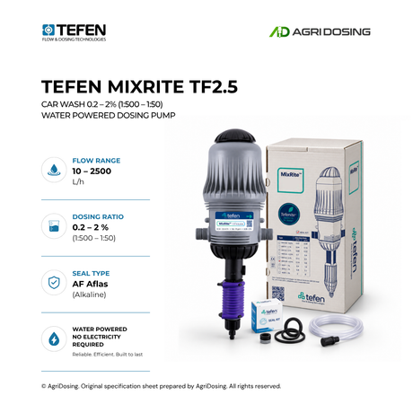 MixRite TF2.5 Car Wash water powered dosing pump by Tefen, with adjustable 0.2–2% dilution for vehicle cleaning applications.