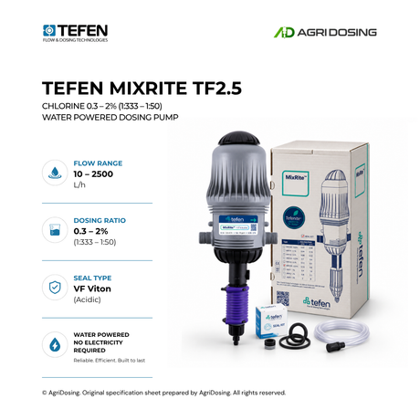 Detailed view of Tefen MixRite TF2.5 chlorine water-powered dosing pump with specifications and features.