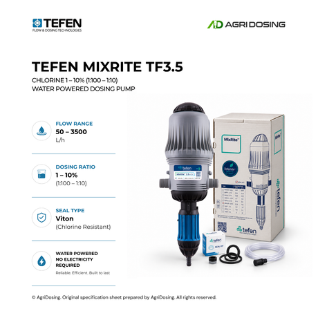 MixRite Tefen MixRite TF3.5 chlorine water-powered dosing pump, detailed specifications showing pump components and controls.