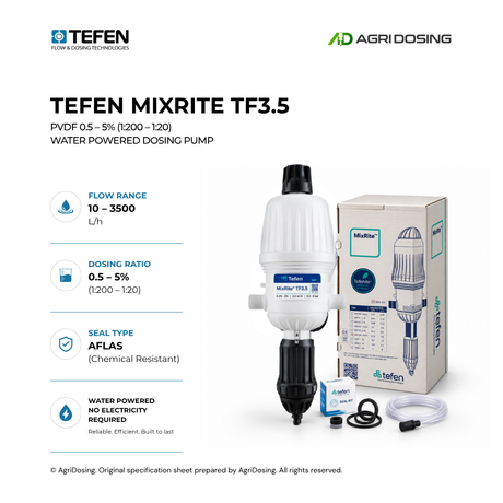 Detailed view of Tefen MixRite TF3.5 PVDF water powered dosing pump with 0.5-5% dosing capacity, showcasing its design and specifications.