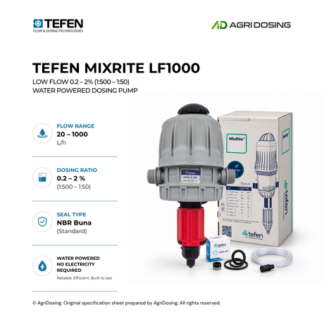 Close-up of Tefen MixRite LF-1000 low-flow water powered dosing pump with detailed specifications label.