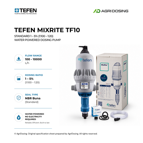Detailed image of Tefen MixRite TF10 Standard water powered dosing pump with 1-5% concentration settings.