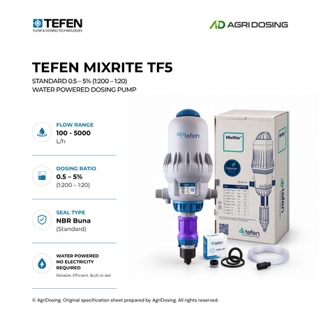 MixRite TF5 standard water-powered dosing pump with adjustable 0.5-5% chemical concentration, detailed specifications.