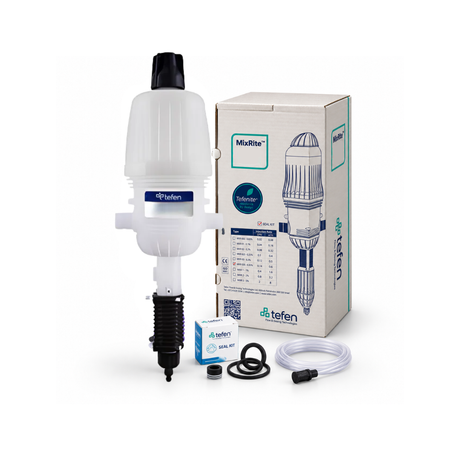 Tefen MixRite TF2.5 PVDF water-powered dosing pump for precise chemical injection in industrial and car wash applications.