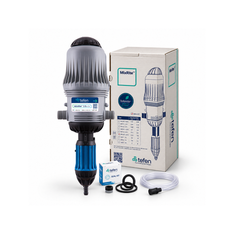 Tefen MixRite TF3.5 water-powered dosing pump for chlorine, showing the pump's compact design and control mechanism