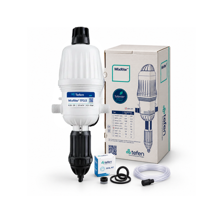 MixRite TF3.5 PVDF water powered dosing pump for car wash, showing the compact pump unit with inlet and outlet connections.