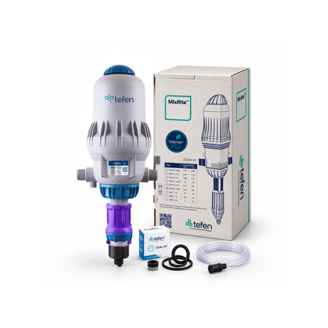 Tefen MixRite TF5 water-powered dosing pump for precise chemical dosing in car wash applications, with digital controls and display.