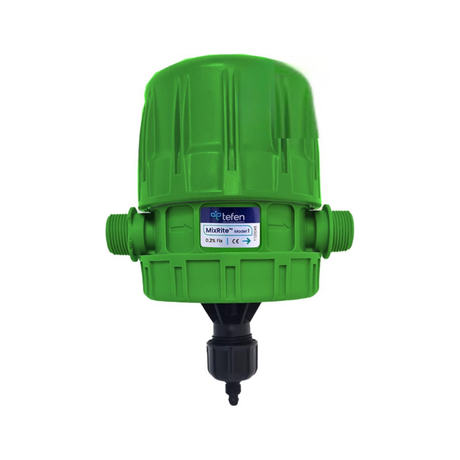 Tefen MixRite LF-1000 low-flow water powered dosing pump with adjustable flow rate from 0.2% to 2%.