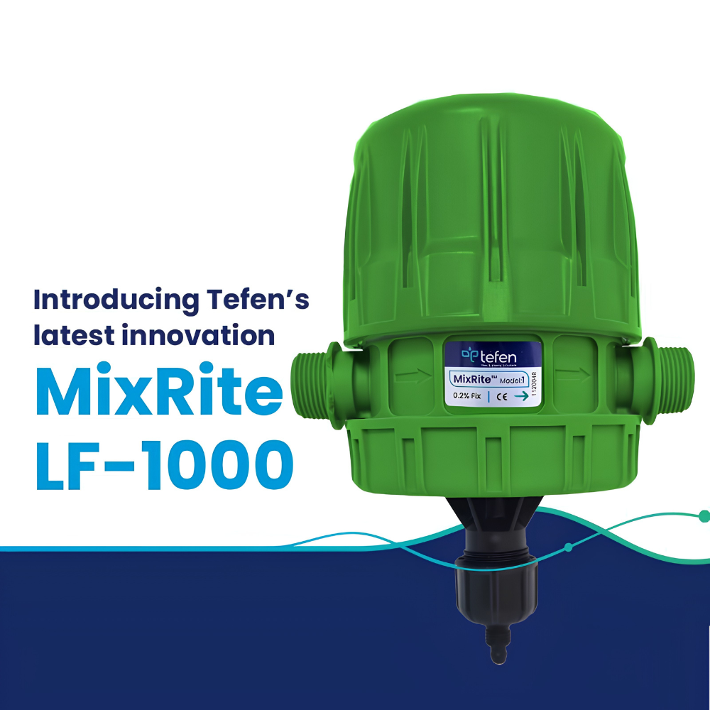 MixRite Tefen MixRite LF-1000 low-flow water-powered dosing pump with adjustable flow rate, shown in a detailed image.