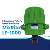 MixRite Tefen MixRite LF-1000 low-flow water-powered dosing pump with adjustable flow rate, shown in a detailed image.